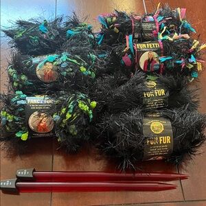 Lion Brand Fun Fur Yarn - Black with Multicolor Accents with Knitting needles!!